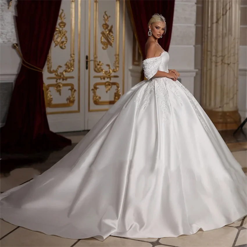 Customized Romantic Sweetheart Ball Gown Off The Shoulder Wedding Dress Beading Satin Appliques Short Sleeve vestidos de novia