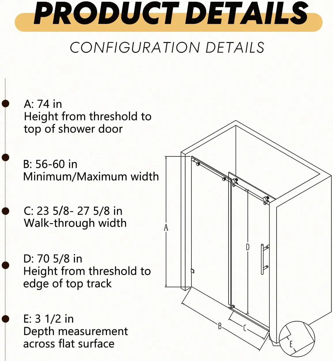 Frameless 56-60" W x 74" H Single Sliding Shower Door,Matte Black, 5/16" SGCC Tempered Glass, Adjustable Width, Easy Install 6