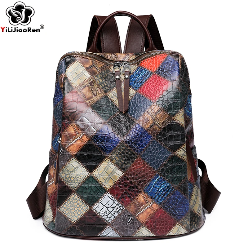 Fashion Plaid Backpack Women Soft Leather Daypack Female Large Rucksack