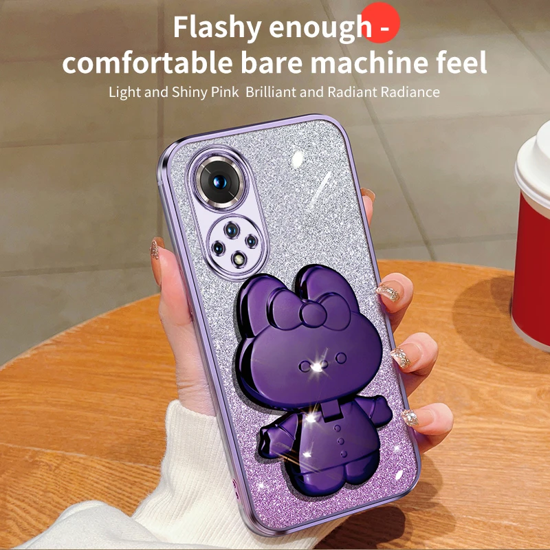 Honor50 Glitter Rabbit Makeup Mirror Holder Case On For Huawei Honor 60 50 90 30 20 Lite 30s Soft Cover Nova 10 11 Pro_voghion.com