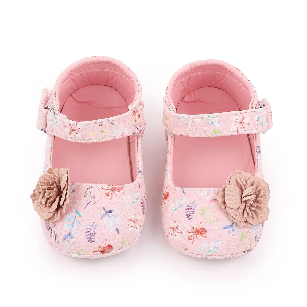 Baby Girl Shoes Mary Jane Flower Print Cute Bowknot Spring and Summer Sandal Soft PU and TPR Sole Anti-slip for 0-12M Baby