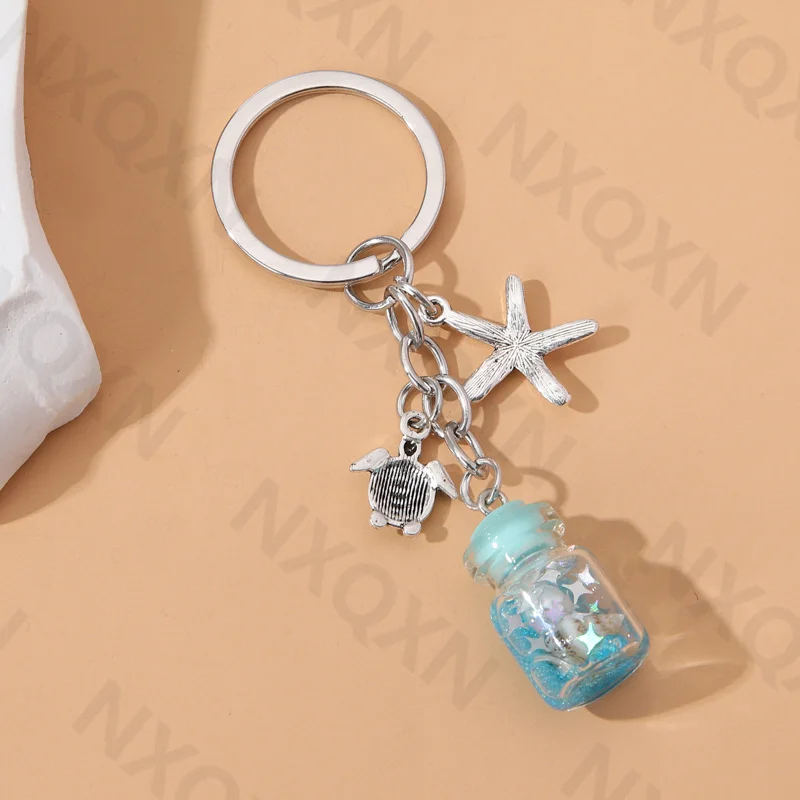 Blue Glass Bottle Starfish Sea Turtle Keychian Ocean Summer Key Ring For Women Men Friendship Gift Handmade DIY Jewelry Set