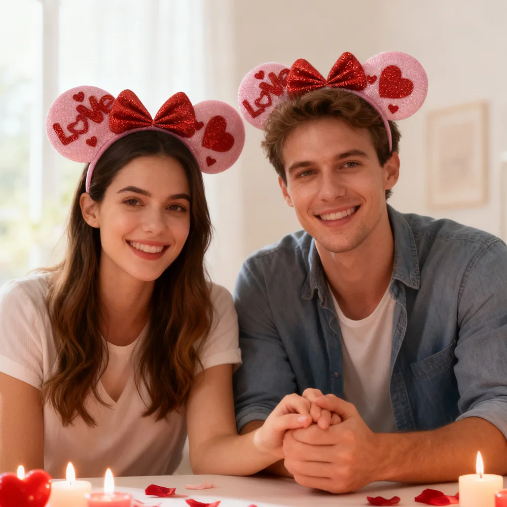 1PC Valentine's Day Glitter Heart Headbands Set, Couples' Love-themed Hair Accessories, Minnie-style Romantic Headbands