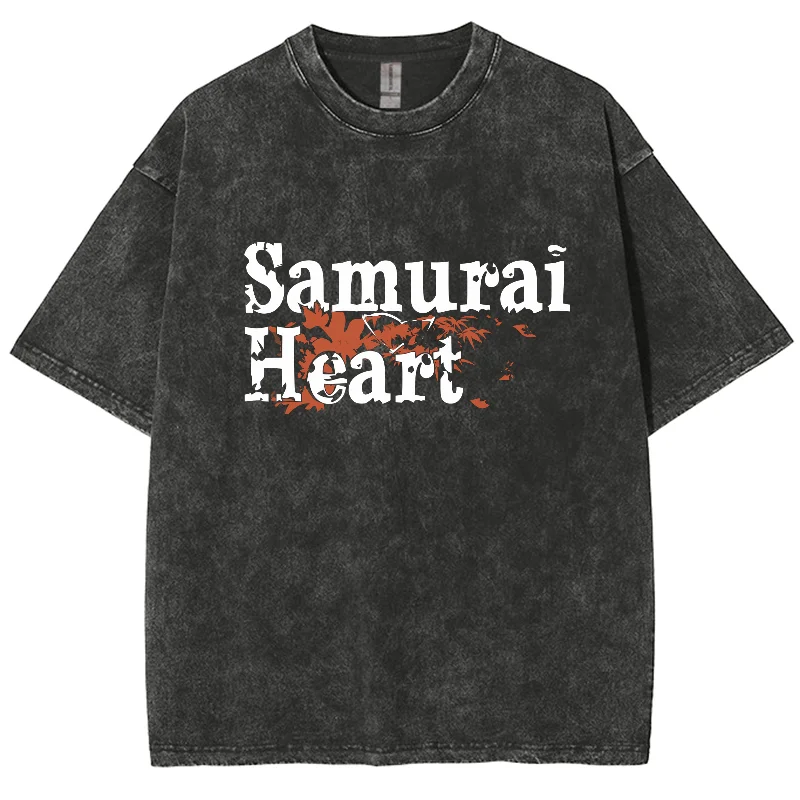 

Washed Tshirt, Word Art Samurai Heart, 15 Colour To Choose From Oversized Streetwear Vintage Washed Short T-shirts For Men Women