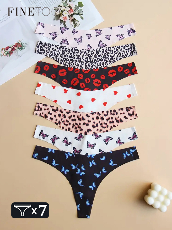 FINETOO 7-Pieces Graphic Print Seamless Underwear For Women Sexy Ultra Soft Thongs Comfort Leopard Breathable Panties Lingerie