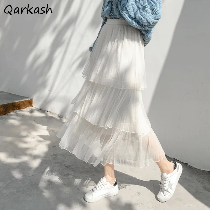 

Skirts Women Baggy A-line Summer Simply Designer French Gauze Temper Girlish Youth Teens High Waisted Spliced Pure Юбка Chic Ins