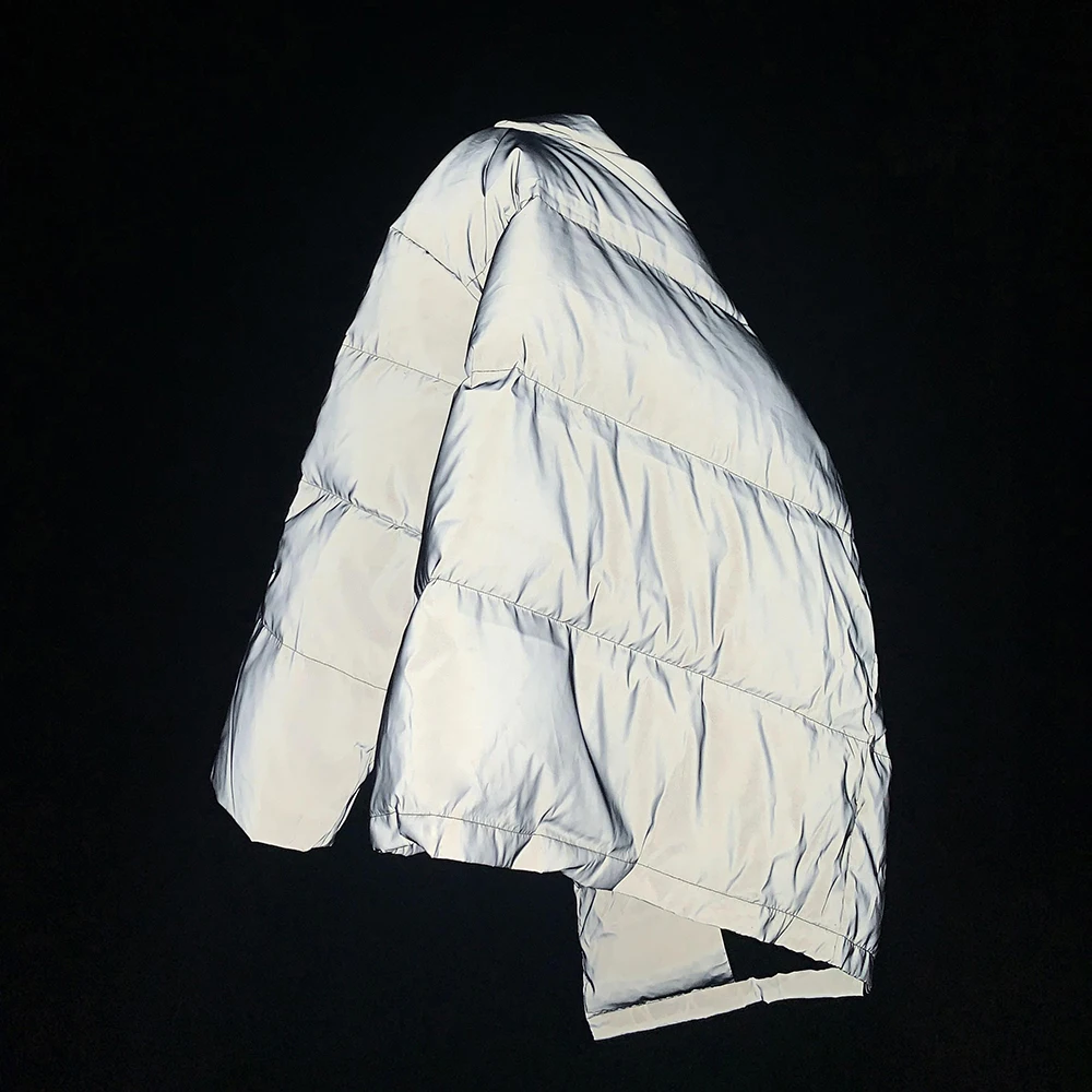 스탠드 칼라 리플렉티브 다운 재킷, 남성 솔리드 Pu 핸섬 하이 센스 커플 다운 코트, 겨울 경량 아메리칸 빈티지 코튼 패딩  재킷-Freehip.co.kr