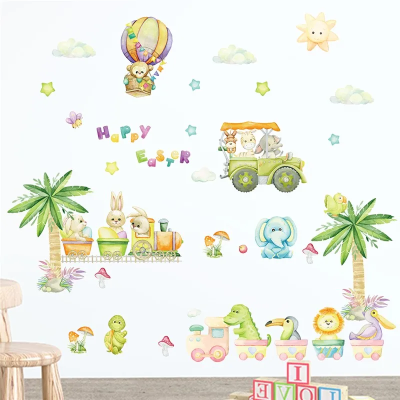 

Cartoon Animals Train Wall Stickers For Kids Room Home Decoration Diy Elephant Turtle Rabbit Mural Art Pvc Decals Safari Poster