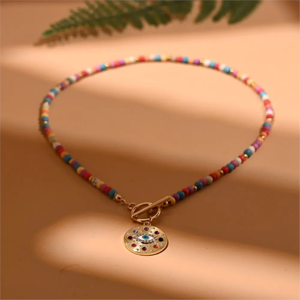 Chic 4mm Colorful Stone Round Evil Charm Pendant Necklace for Women Vintage Boho Style Beads Chain Party Jewelry Daily Wear