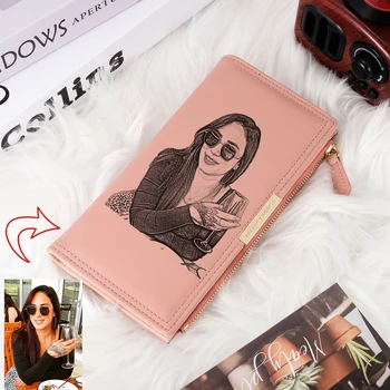Personalized Custom Photo Women's Buckle Zipper Two Fold Long Fashion Credit Card Holder Coin Pocket Clutch PU Leather Wallet
