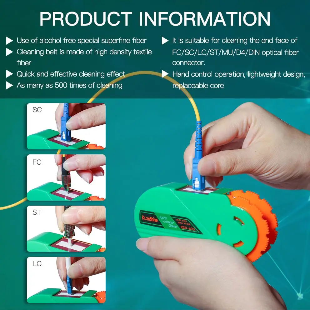 

Fiber Optical Connector Cassette Cleaner Komshine KCC-600 500 Times Option Replaceable Belt Core Clean FC SC ST D4 MU LC MT DIN