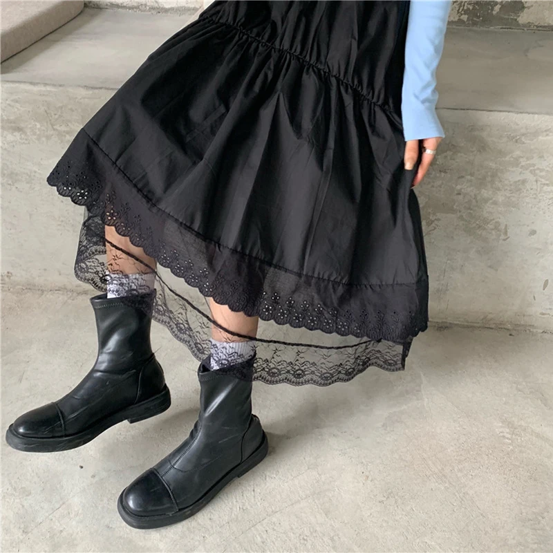 Vintage High Waist Lace Stitching Irregular A-line Skirt Women Loose Black White Long Skirts Korean Solid Hip Hop Streetwear tutu skirt