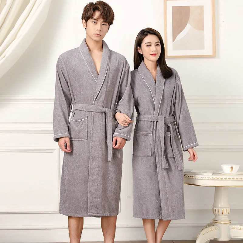

Couple Bathrobe Cotton Terry Long Sleeve Turn Down Collar Women's Kimono with Sashes Knee Length Absorbent Dressing Gown Female