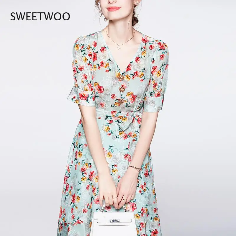 

Женская юбка с V-образным вырезом, элегантное платье из шелка тутового шелкопряда с цветочным принтом в стиле ретро, весна-лето 2022