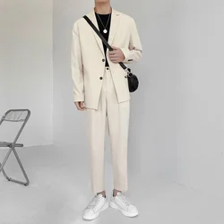 Men's Suit Two Pieces Set Simple Light Mature Loose Long Sleeve Suit Coat + Suit Pants Green High Quality New 2022 costume men