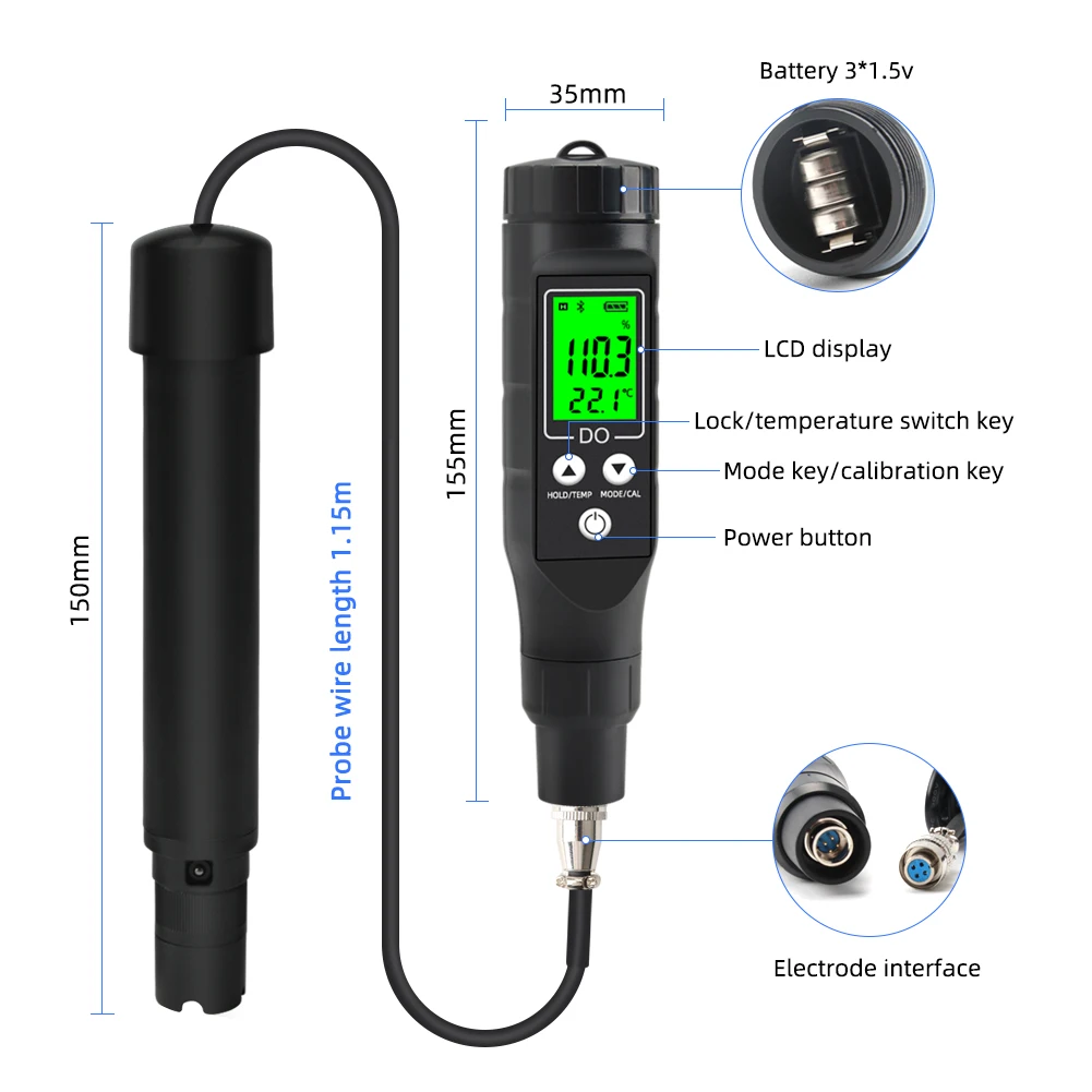 BLE-9100 Smart Bluetooth Dissolved Oxygen Meter 0-30mg/L Professional Aquaculture Do Analyzer Tester for Fish Tank Brewing Wine 5