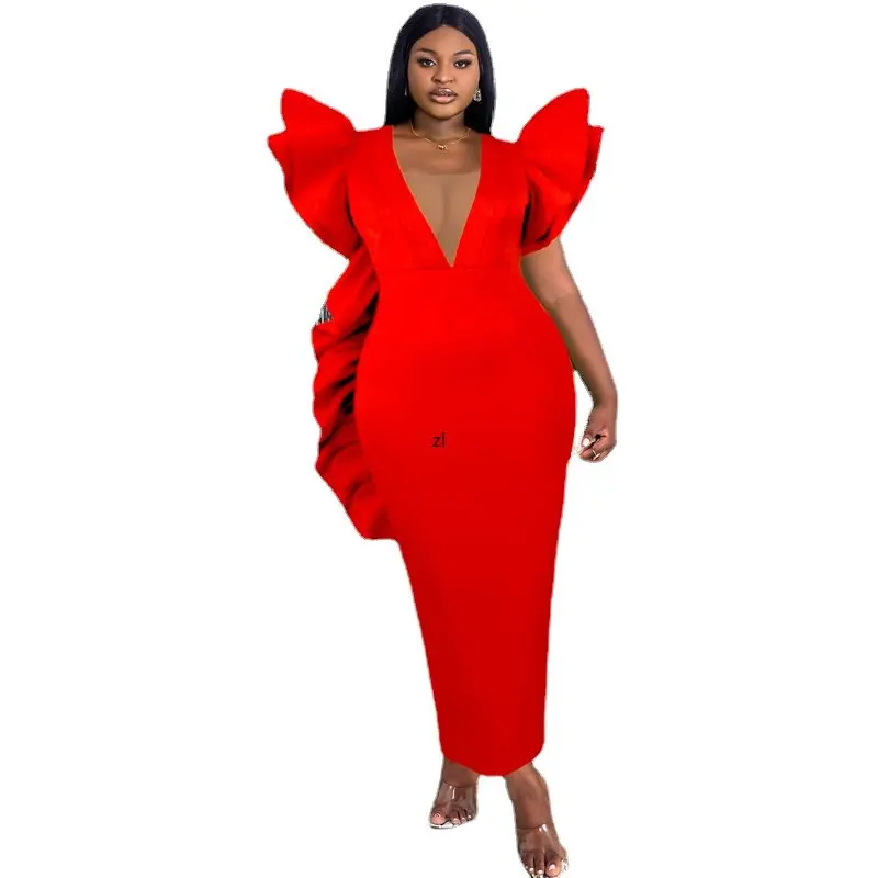 

African Dresses For Women Red Party Formal Elegant Ruffle V-Neck Short Sleeve Peplum Africa Ladies Christmas Wedding Gowns