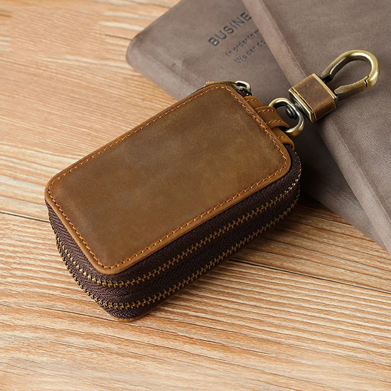 Crazy Horse leather key chain bag double zipper leather car key bag General Motors multi-purpose home double keycase
