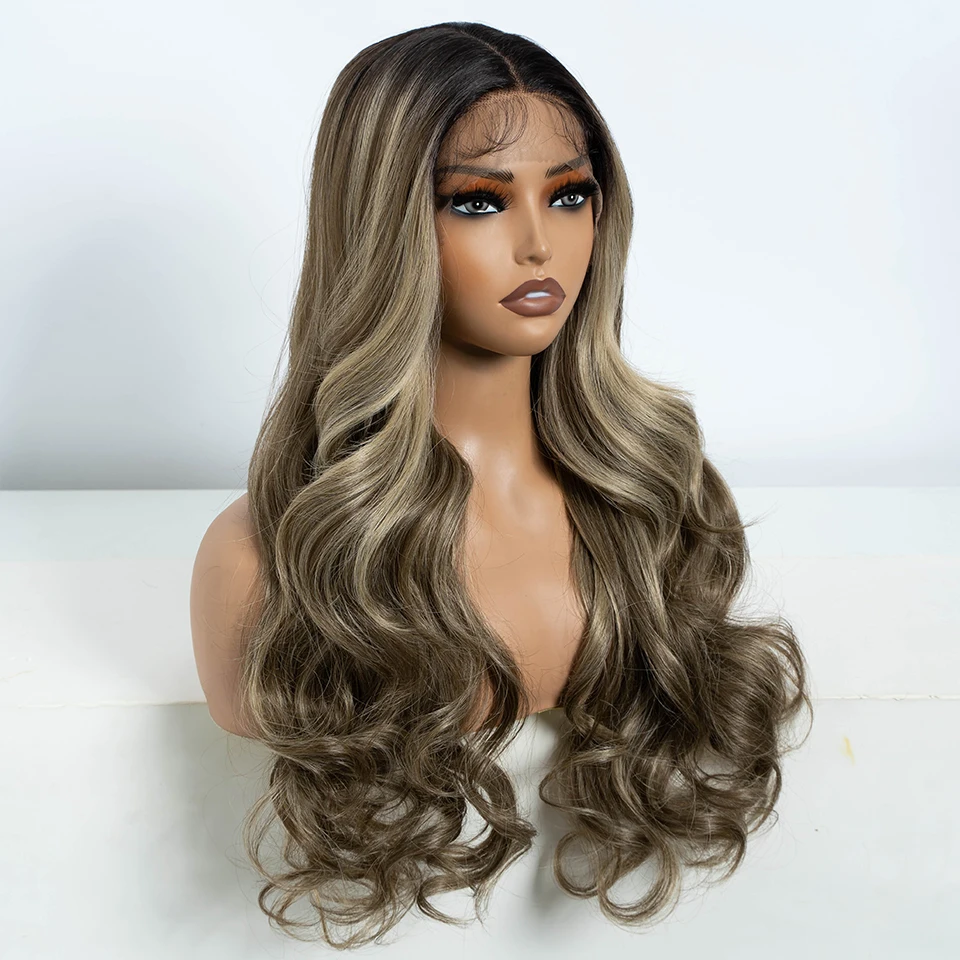 Synthetic Lace Front Wigs Women 24 Inch Long Wavy Ombre Blonde Brown Heat Resistant Cosplay