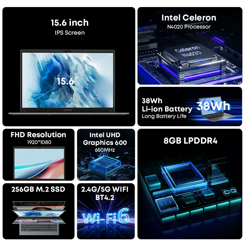 CHUWI HeroBook Plus 15.6'' Laptop, 256GB SSD 8GB RAM, Windows 11 Laptop, 1TB SSD Expand, Intel Celeron N4020, 2K FHD IPS Display 2