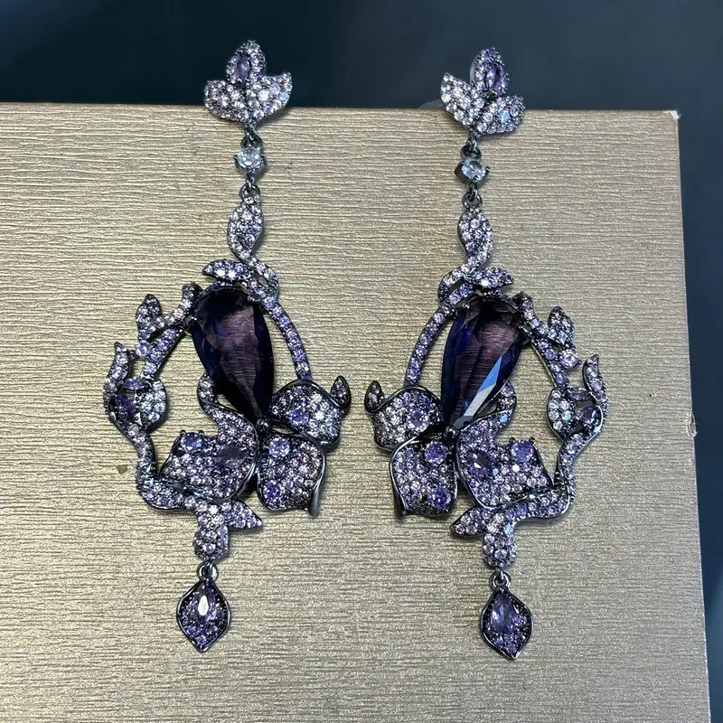 

Bilincolor Luxury Cubic Zirconia Purple Flower Earring for Women
