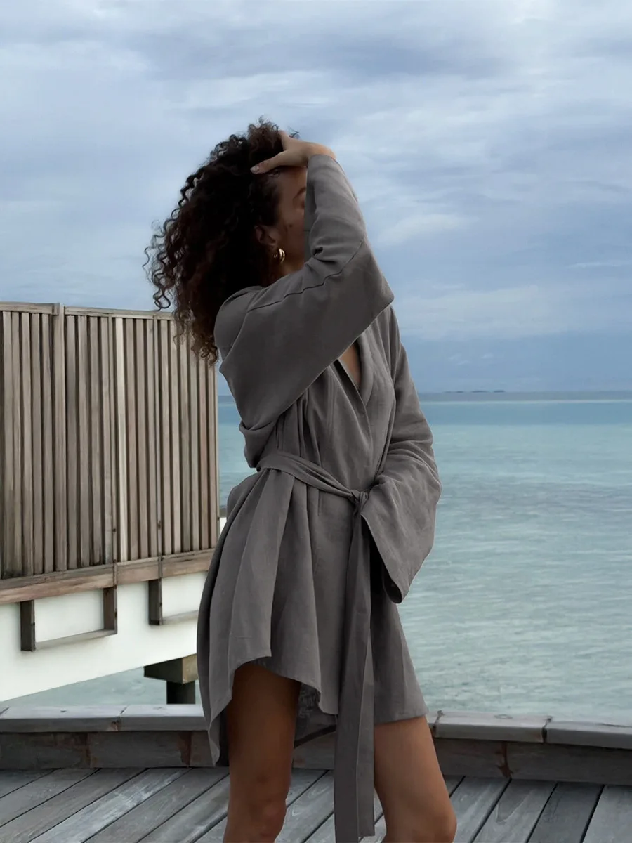 Bornladies Cotton And Linen Robe Dress 2025 Autumn Winter New Women's Lace Long Sleeve Dress Casual And Comfortable Beach Dress