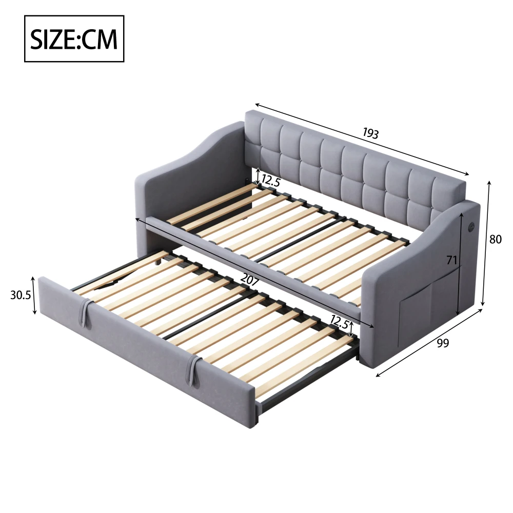 Gepolstertes Bett, Schlafsofa, Multifunktions-Schlafsofa, 90 x 180 x 190 cm, hellgraues, mit Samt gepolstertes Bett mit Steckdose und Aufbewahrungstasche – Detail 32