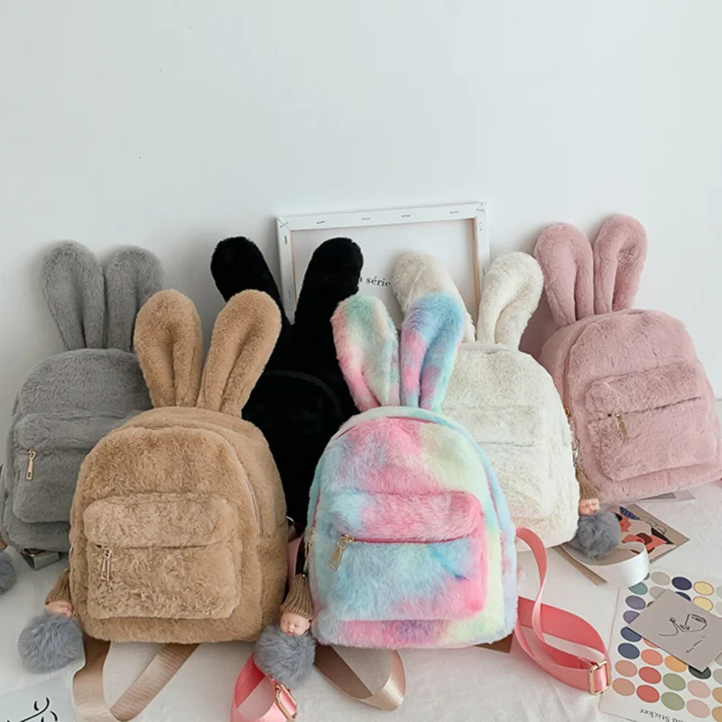 Cute Faux Fur Mini Backpack Rabbit Ear Gril Travel Shoulder Bags Fashion Plush Bagpack Rucksack School Bag for Girls 2020