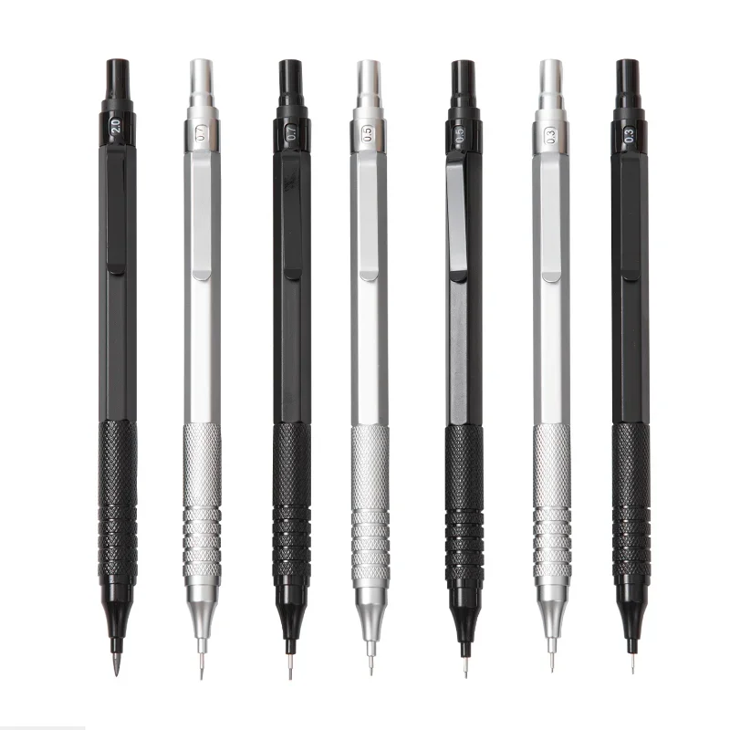 M&G Metal Mechanical Pencil Set with Refills Black Silver 0.3,0.5,0.7,0.9mm Art Drawing Sketch 2B Pencils Student Writing Tools 6