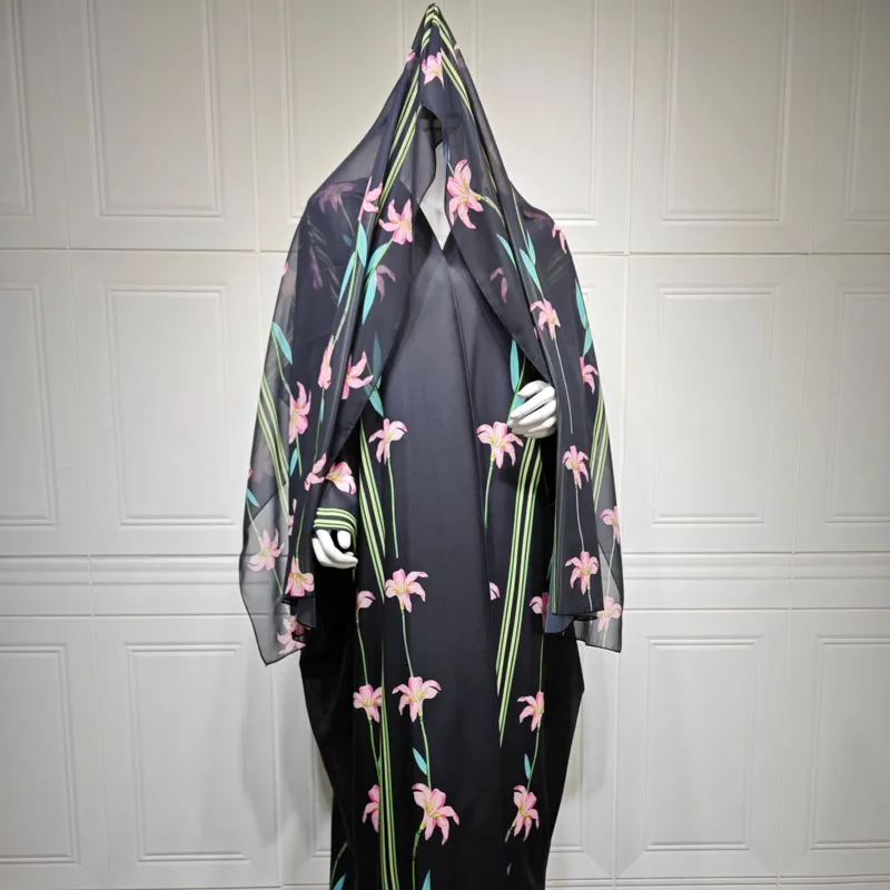 Women Abaya Scarf Muslim Print Cardigan Headscarf Outerwear Large Robe Two-Piece Set Lightweight Long Robe Ramadan Morocco Dubai