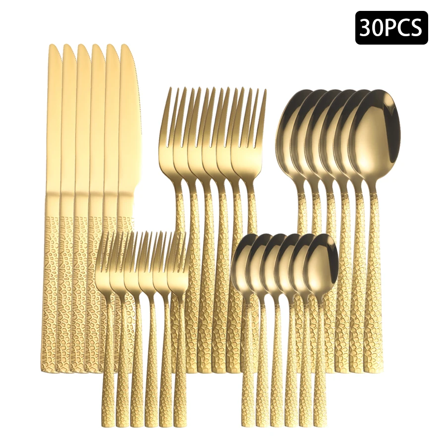 סט של 30 חתיכות של כלי שולחן מפלדת אל-חלד ברמה גבוהה ל-6 אנשים, עם עיצוב ידית עם דוגמת מקל, כולל סט של חמישה חתיכות