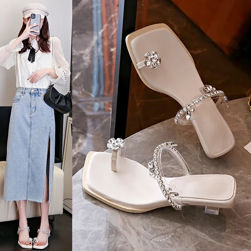 

Сандалии на толстом каблуке, удобные, универсальные, повседневные, элегантные, Нескользящие, с квадратным носком, тапочки, Новинка лета 2024