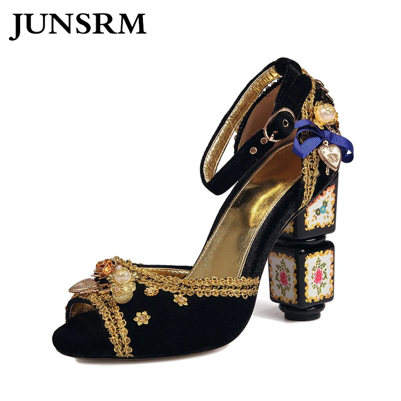 

Summer Suede High Heeled Sandals Ethnic Style Strange Heel Print Round Toe Rome Sandal Mixed Color Fashion Runway Women's Shoes