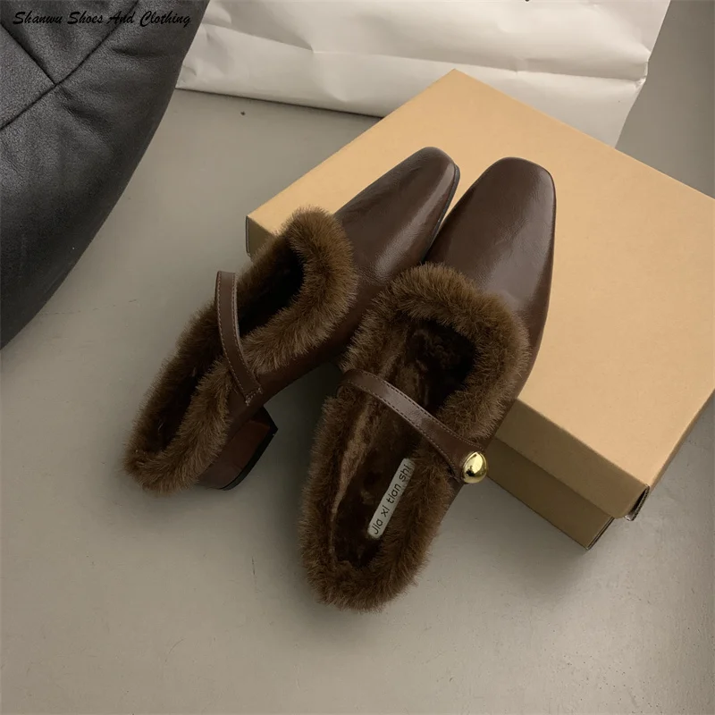 

High end French style temperament women's plush slippers outerwear retro evening breeze fairy flat bottomed plush top slippers