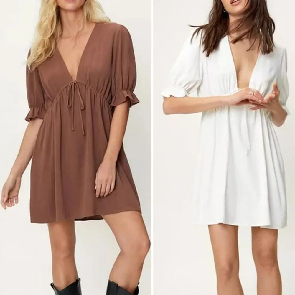 

Women Waist Tight Lace-Up High-Waist Ruffle Swing Hem Dress Sexy V-Neck Puff Sleeve Casual Mini Dresses for women 2022 Vestidos