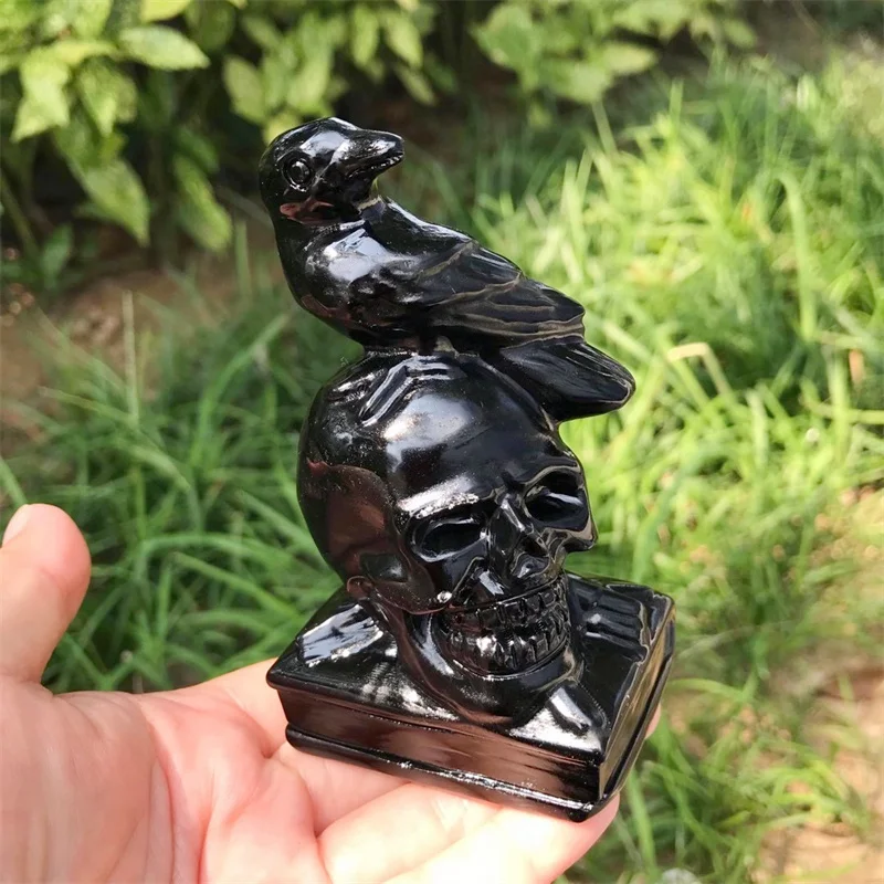 10.5CM Natural Black Obsidian Crow Skull Carving Wicca Decor Carved Raven Figurine Healing Quartz Halloween Gift 1pcs 6