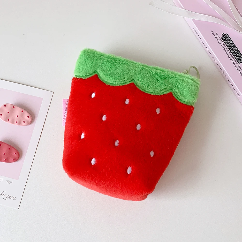 Cute Strawberry Plush Pencil Case With Zipper For Travel Makeup_voghion.com