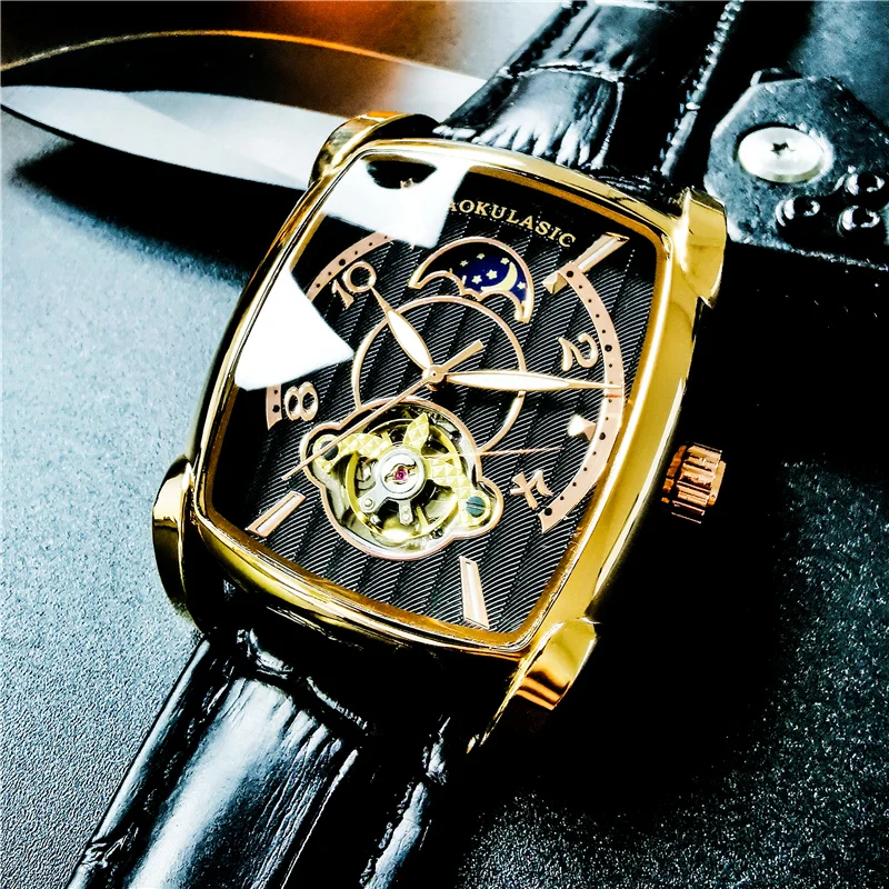 

AOKULASIC Top Brand Men Watch Automatic Mechanical Mens Watches Tourbillon Fashion Waterproof Luxury Moon Tonneau orologio uomo