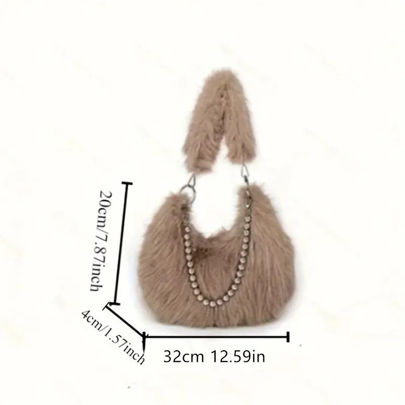 Luxurious Faux Fur Tote Bag Chic Underarm Shoulder Bag Stylish Handbag & Purse with Pearl Chain Strap, Polyester Lined Interior