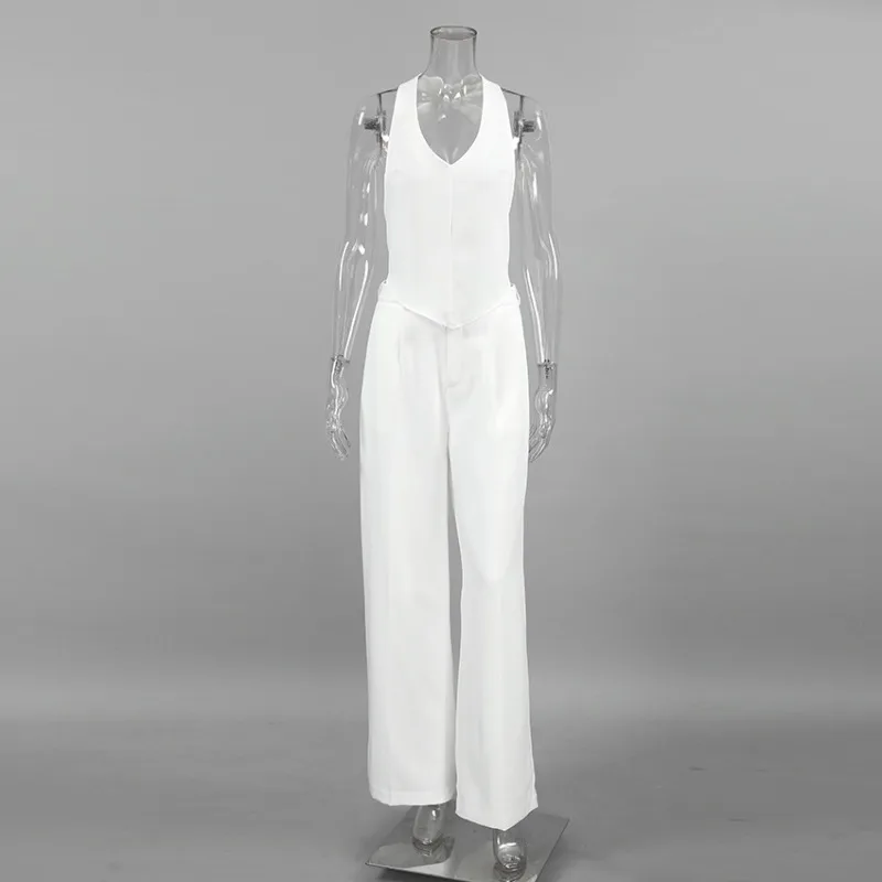 Women's Fashion Backless White Halter Tank Top & Pants Set Temperament Commuting 2024 Summer Women Casual Trousers Outfits 2PCS