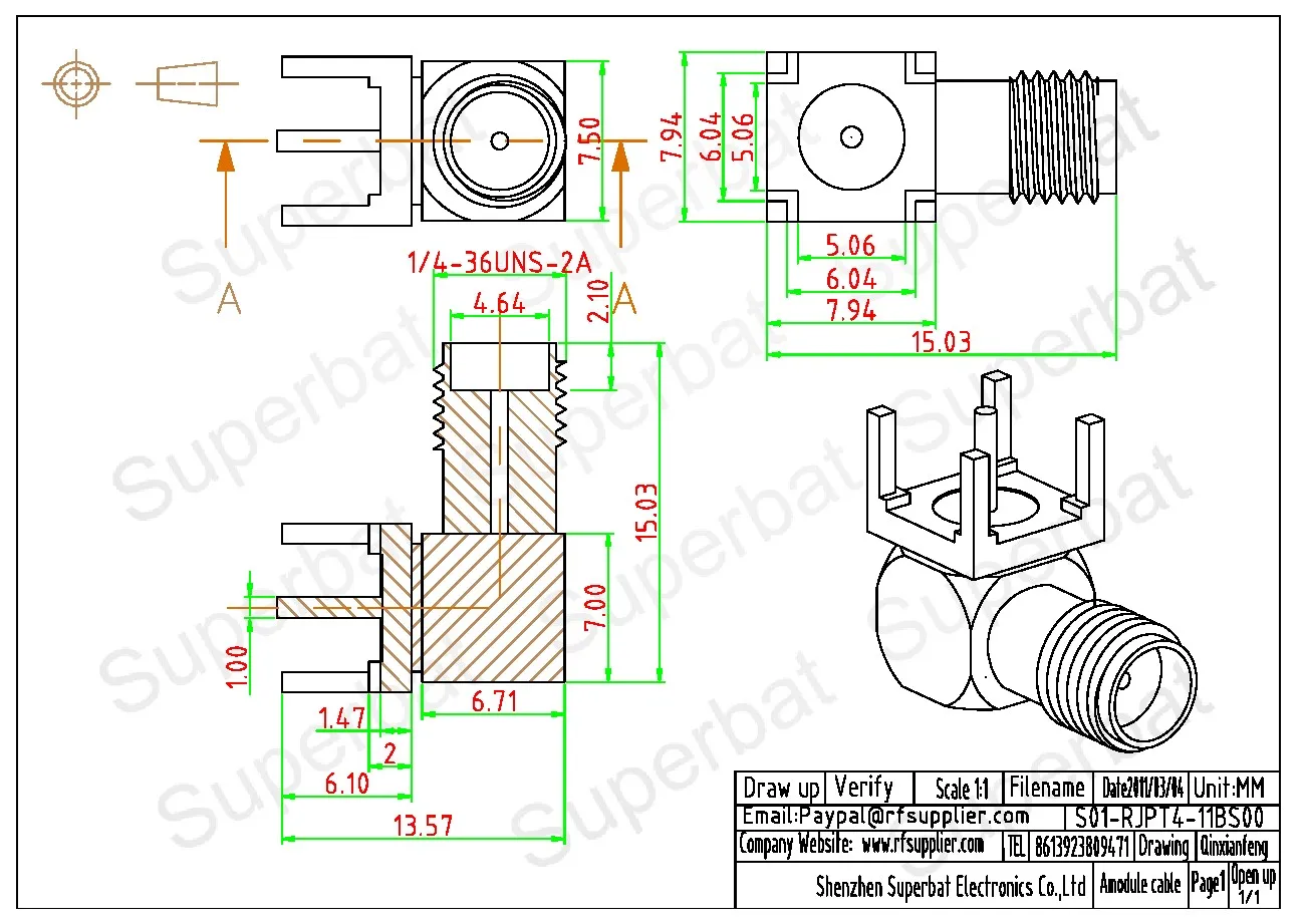 Female Right Angle RF Coaxial Connector for PCB Mount