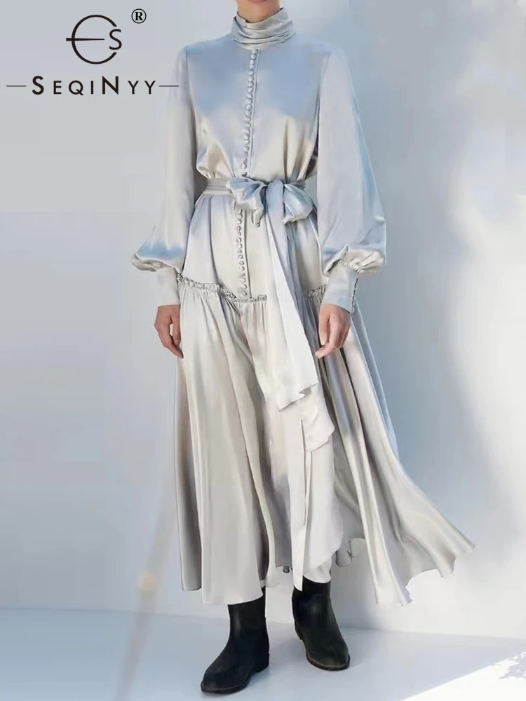 

SEQINYY Elegant Midi Dress Summer Spring New Fashion Design Women Runway High Street Ruffles Lantern Sleeve Holiday Casual