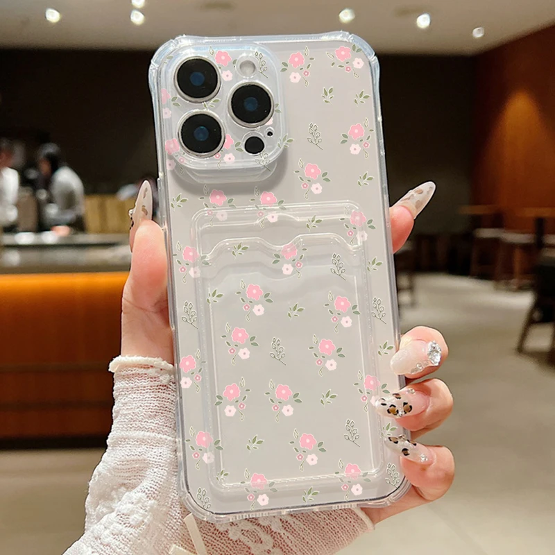 Floral Shockproof Clear TPU Phone Cover with Card Slot Pocket
