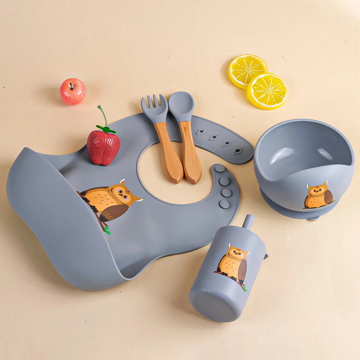 TYRY.HU 5pcs Baby Silicone Meal Bowl Bib Fork Spoon Set Baby Feeding Tray Bowl Set Bisphenol A Free Gift for Baby Feeding set 3