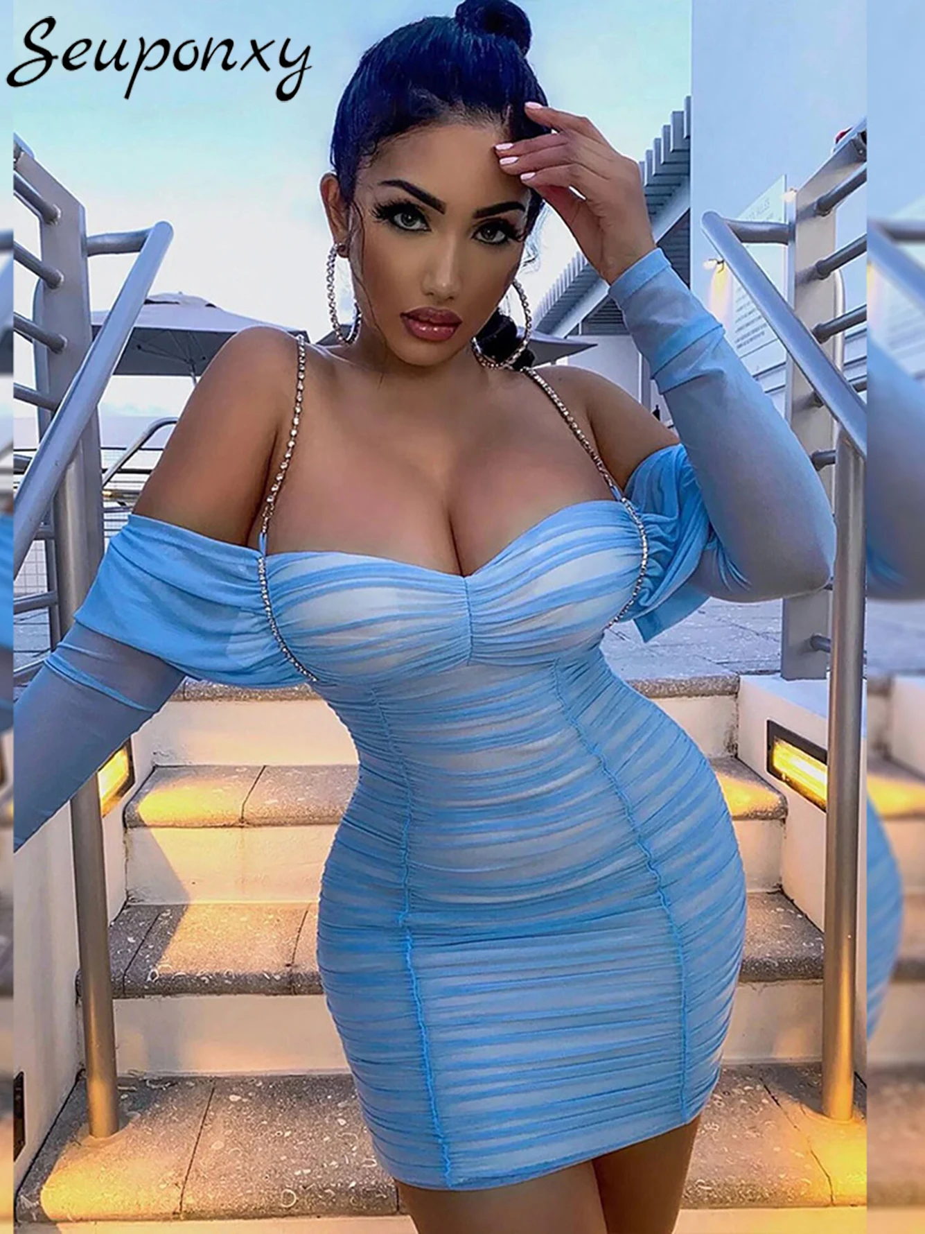 

High Quality Autumn Sexy Off Shoulder Long Sleeve Backless Gauze Bandage Dress Fashionable Women'S Pleated Elegant Party Dresses