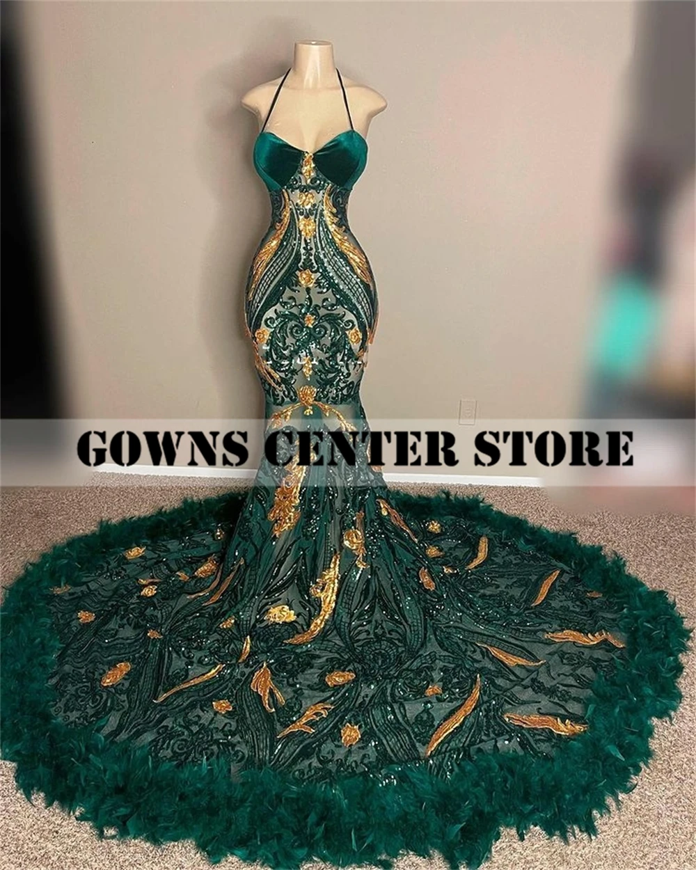 Dark Green And Gold Sequined Lace Feathers Prom Dresses Black Girls Luxury  Halter Mermaid Wedding Dress Cocktail Gown Customized - AliExpress 320