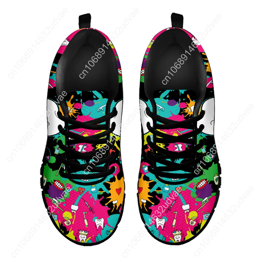 Dental Footwear Tie Dye Painted Mesh Shoes Cartoon Teeth Print Walking Sneakers Women's Outdoor Tennis Footwear 2023