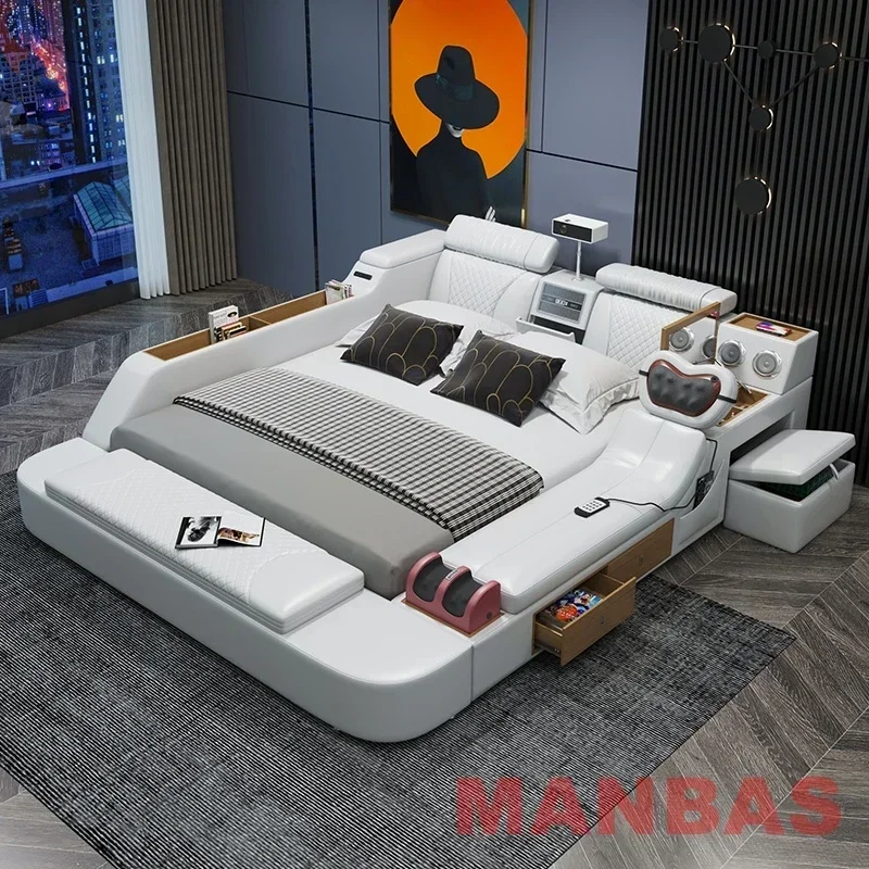 ベッドリラクゼーションデバイス スリムなハイテクベッド,本革の室内装飾品,多機能ベッドフレーム