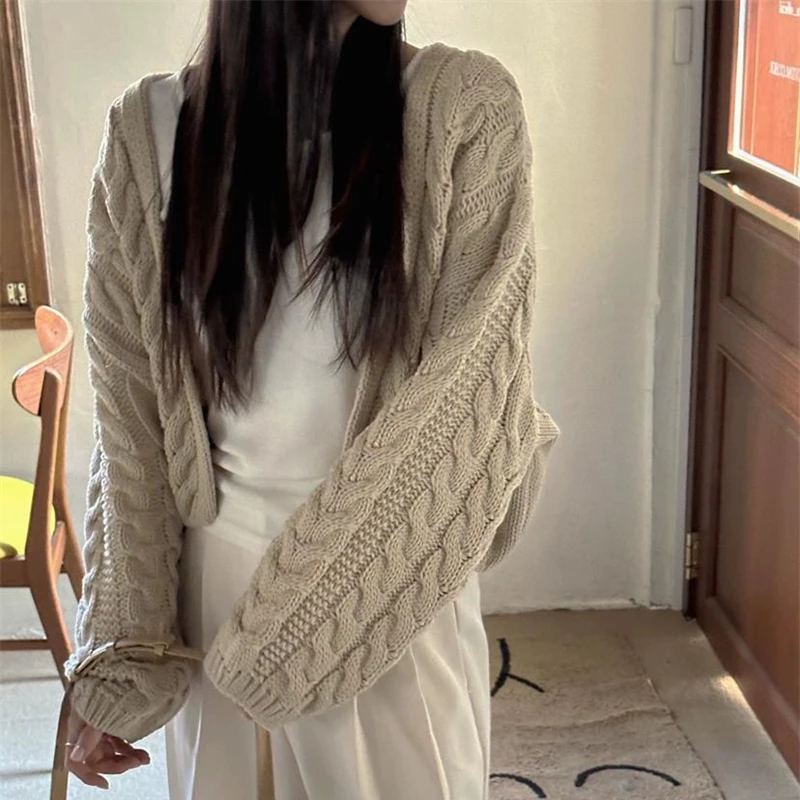 Korean Style Autumn Women Long Sleeve Knitted Top Elegant Casual Solid Color Cardigan Sweater Winter Short Knitwear 2025 Fall