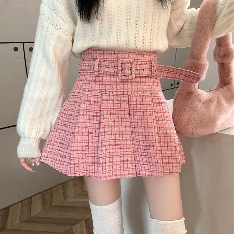 

Plaid Skirt Korean Fashion with Belt Pleated Women All-Match Pink High Waist Mini New Street s Woman Skirts Falda